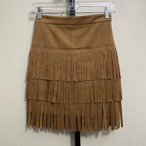 Women's Faux Suede Fringe Mini Skirt XS Tan Indie Boho Festival Western